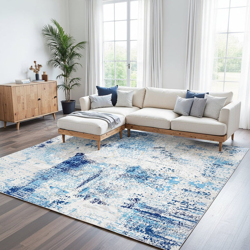 Blue & White Area Rug - 5x7 Washable Non - Slip Carpet - DeMann Co