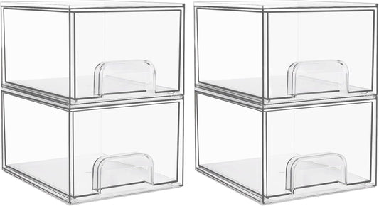 1 2 4 Pack Clear Stackable Storage Drawers, 11.2cm, 4.4in Tall Acrylic Bathroom Makeup Organizer,Plastic Storage Bins For Vanity, Undersink, Kitchen Cabinets, Pantry, Home Organization - DeMann Co