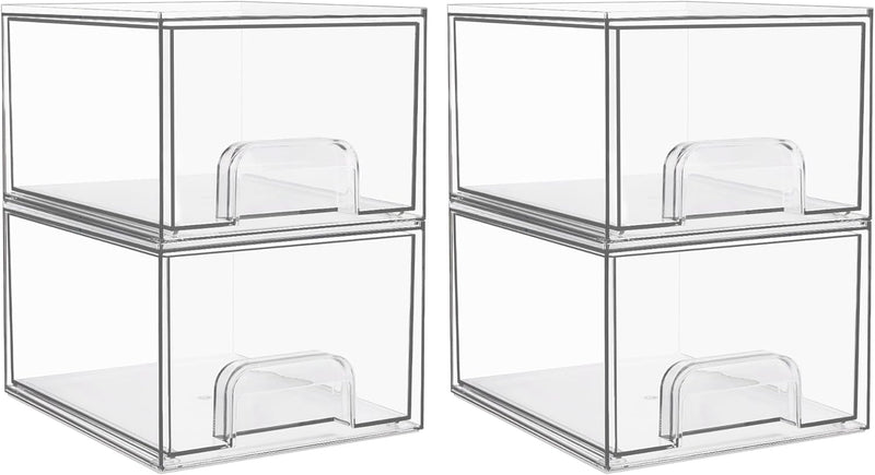1 2 4 Pack Clear Stackable Storage Drawers, 11.2cm, 4.4in Tall Acrylic Bathroom Makeup Organizer,Plastic Storage Bins For Vanity, Undersink, Kitchen Cabinets, Pantry, Home Organization - DeMann Co