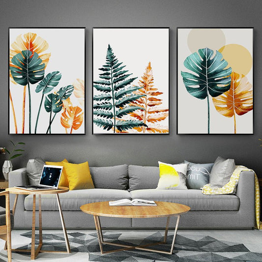 Elegant Gold & Green Leaf Wall Art - Tropical Canvas - DeMann Co